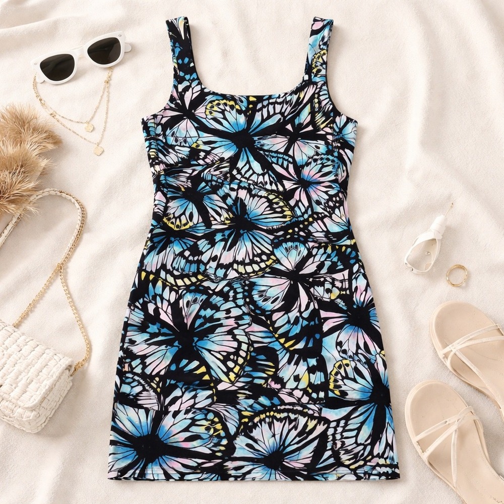 No Boundaries Butterfly Print Mini Dress Blue Black Sleeveless Bodycon Small 3-5